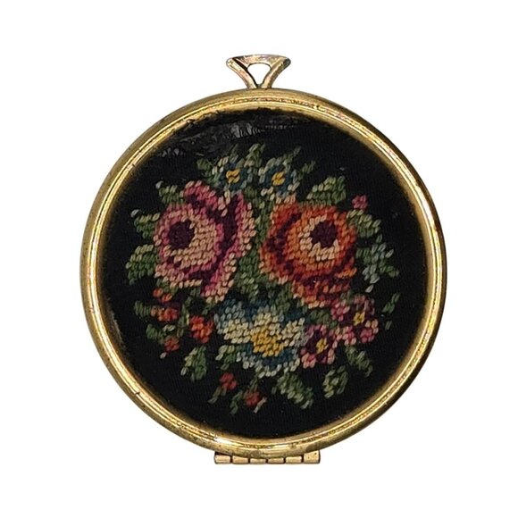 VTG AVON Compact Locket Cross Stitch Needlepoint Floral Roses Tapestry Pendent - Picture 1 of 12